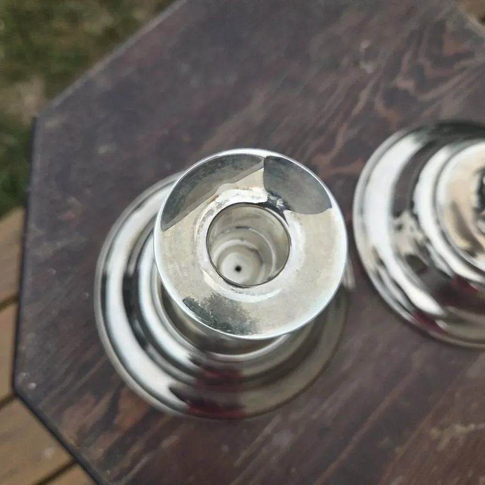 VTG Silver Plated Candlestick Holders Pair Round Base 4.5 Inch Taper